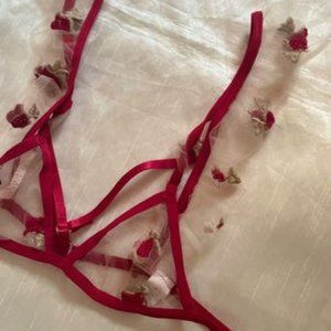 NEW NEVER WORN RED ROSES EMBROIDERED MESH SHEER LINGERIE SET